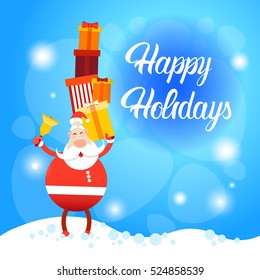 Santa Claus Hold Big Present Box Merry Christmas Greeting Card Happy New Year Flat Vector Illustration