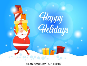 Santa Claus Hold Big Present Box Merry Christmas Greeting Card Happy New Year Flat Vector Illustration