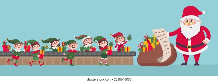 Santa Claus hold сhecklist and collects Christmas gifts in a bag. Conveyor belt with elves helpers cartoon vector illustration