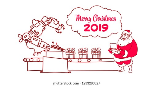santa claus hold controller conveyor system new year merry christmas concept sketch doodle horizontal vector illustration