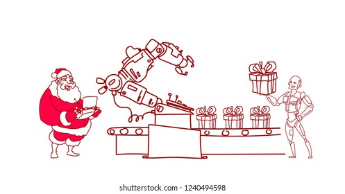 santa claus hold controller conveyor robotic system modern robot artificial intelligence concept sketch doodle horizontal