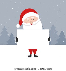 santa claus hold empty banner merry christmas greeting winter snowy landscape background