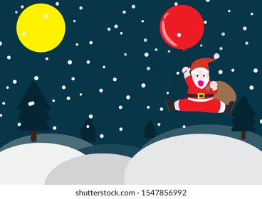 Santa claus hold gift bag, he fly in sky with red balloon and over christmas tree. EPS10 and vector.