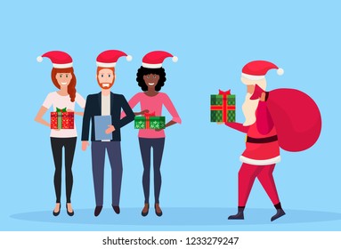 santa claus hold gift box present for mix race people with champagne new year merry christmas celebration concept blue background flat horizontal vector illustration