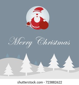 Santa Claus hold gifts bag on snow hill and christmas tree background, Vector illustrator