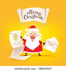 Santa Claus hold a long letter of wishes and envelope in hands. Vector, illustration, flat