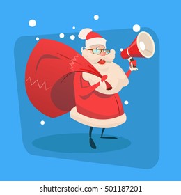 Santa Claus Hold Megaphone Gift Bag Copy Space Happy New Year Holiday Merry Christmas Flat Vector Illustration