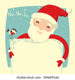 Santa Claus hold paper card for holiday text. Vector merry christmas symbol isolated  