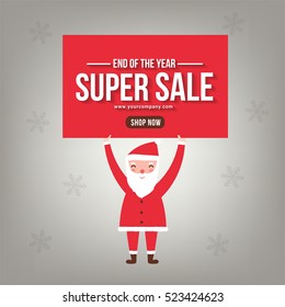 Santa Claus hold paper promotion super sale, discount of the year on snowflake, vector illustration