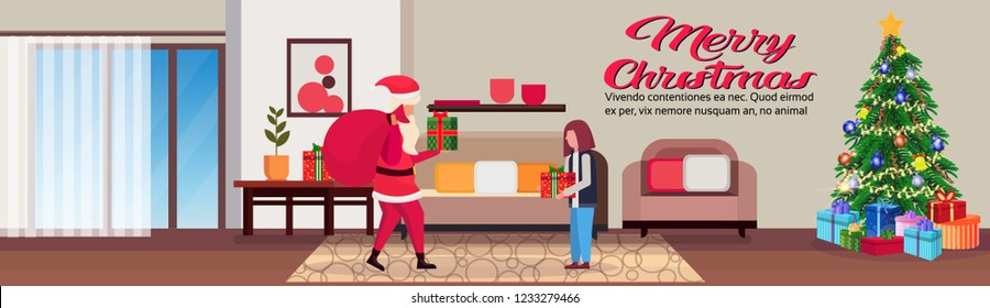 santa claus hold present for girl in living room decorated christmas happy new year pine tree home interior winter holiday concept flat horizontal copy space vector illustration