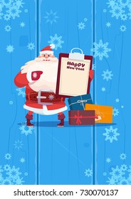 Santa Claus Hold Present List On Happy New Year Greeting Card Merry Christmas Holiday Concept Flat Vector Illustration