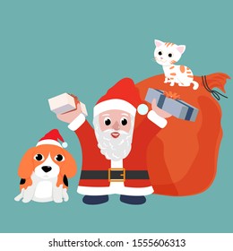 Santa claus hold and raise present with beagle dog wearing red hat and cat sitting on big bag contain presents inside. Vector illustration.