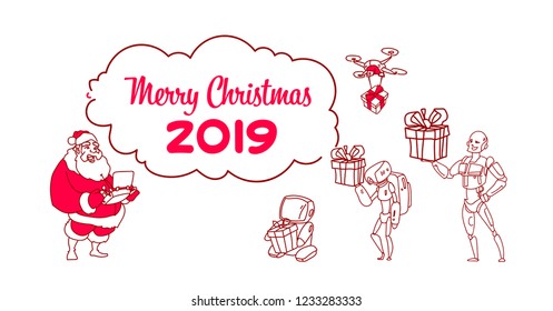 santa claus hold remove controller drone delivery present robot helper artificial intelligence concept new year christmas holiday sketch doodle horizontal vector illustration