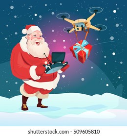 Santa Claus Hold Remove Controller Drone Delivery Present, New Year Christmas Holiday Flat Vector Illustration
