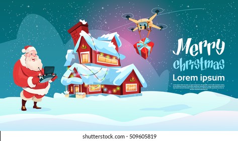 Santa Claus Hold Remove Controller Drone Delivery Present, New Year Christmas Holiday Flat Vector Illustration