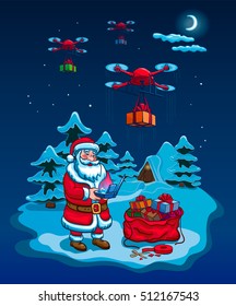 Santa Claus Hold Remove Controller Drone Delivery Presents, New Year Christmas Holiday Vector Illustration Card