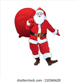 Santa Claus hold sack full of christmas holiday gifts. Cartoon Vector Illustration isolated over white background
