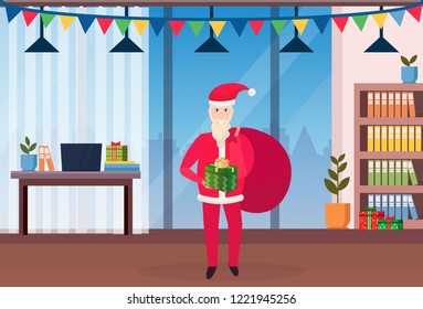 santa claus hold sack gift box present new year merry christmas celebration concept modern office interior flat horizontal vector illustration