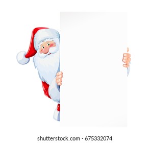 Santa Claus hold sheet of blank paper plate. Christmas cartoon character. Winter holiday. Isolated white background. Vector illustration.