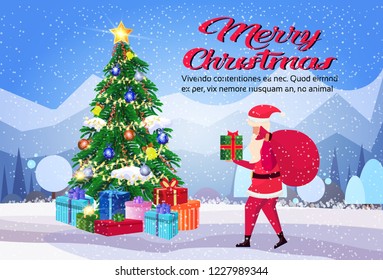 santa claus hold wrapped gift box present decorated fir tree merry christmas new year holiday concept winter mountain forest landscape flat copy space vector illustration