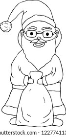 Santa Claus holding a bag with gifts. Vector illustration. Black and white.