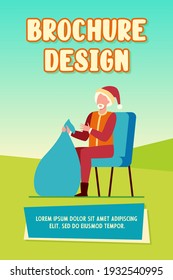 Santa Claus holding bag of gifts. Bearded Santa in red costume and cap with sack of presents flat vector illustration. Christmas, celebration concept for banner, website design or landing web page