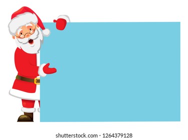 Santa Claus holding banner. Christmas blank advertising banner. Happy New Year background. Santa Claus vector illustration.