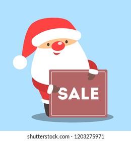 Santa Claus holding banner or poster with christmas sale announcement on it. Happy character with advertising. Flat vector illustration