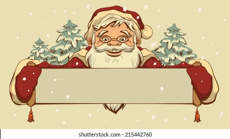 Santa Claus holding a banner. Vector retro cartoon illustration