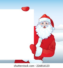 Santa Claus holding Banner, white board with blank empty copy space, christmas new year sale shopping