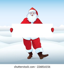 Santa Claus holding Banner, white board with blank empty copy space, christmas new year sale shopping