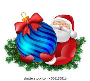 Santa Claus holding bauble ball gift with red bow. Evergreen around santa. Vector colorful isolated illustration