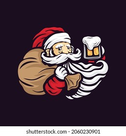 santa claus holding a beer and a sack of gift vector illustration. celebrate new year and merry christmas