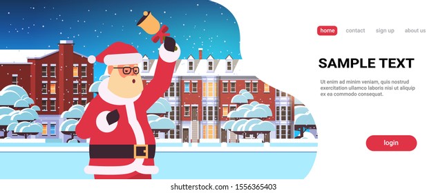 santa claus holding bell merry christmas happy new year holiday concept winter houses snowy town street greeting card portrait horizontal copy space vector illustration