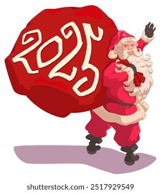 Santa Claus holding big red bag of gifts with text 2025 symbol of new year and Christmas. Vector cartoon illustration isolated on white
