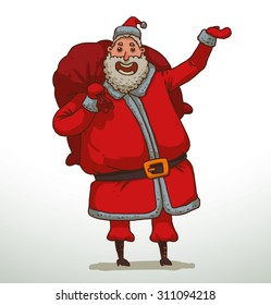 Santa Claus holding big red bag and waving his hand, vector