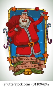 Santa Claus holding big red bag and waving his hand, Christmas frame with stars and candies for Christmas card, vector