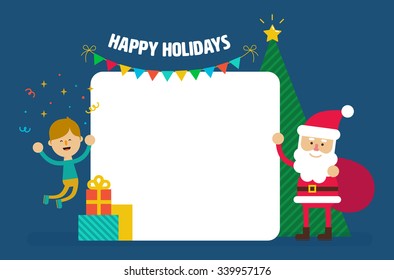 Santa Claus holding big sack on his back and a happy little boy near Christmas tree with gifts. Holiday vector illustration flat style for greeting card, poster, banner. Place for your message.