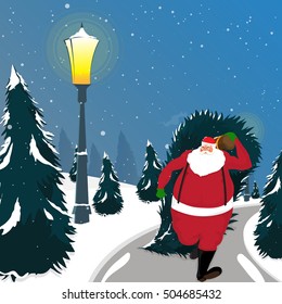 Santa Claus holding big Xmas Tree on his back for Merry Christmas celebration.