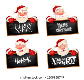 Santa Claus holding black Chalkboard with hand lettered X-mas Sale offer. Characters set. Holidays and business concept. Cartoon style. Vector illustration.