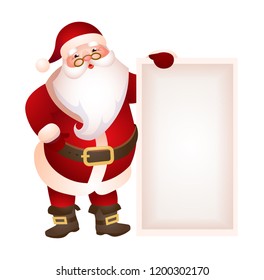Santa Claus holding blank banner vector illustration. Christmas sale, New Year, party. Holiday concept. Vector illustration can be used for invitation, advertising, poster