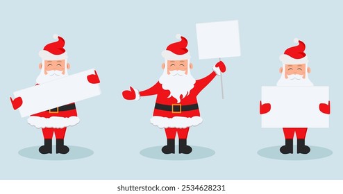 Papai Noel segurando banners em branco para o feriado de Natal