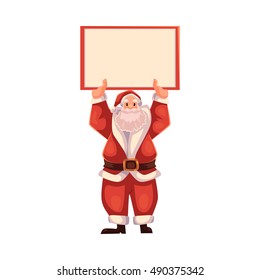 Santa Claus holding a blank board and pointing to it, cartoon style vector illustrations isolated on white background. Santa Claus showing, pointing and rising empty board, Christmas decoration