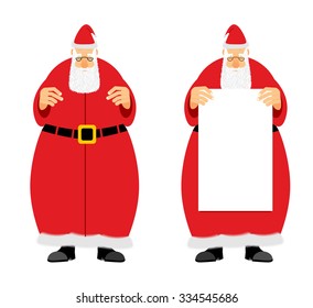 Santa Claus holding blank. Grandfather with a grey beard, fairytale character who brings gifts to children at Christmas.