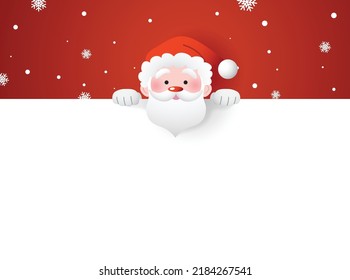 Santa claus holding a blank horizontal signboard template vector illustration with snowflakes in background.
