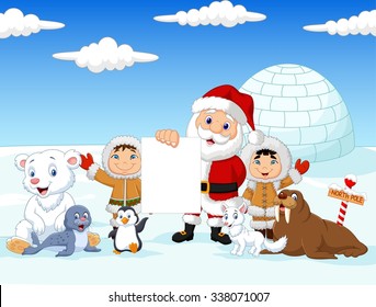 Santa Claus holding blank sign with friends