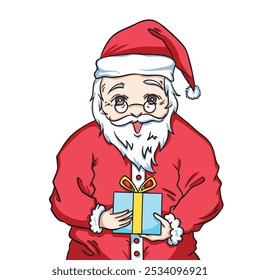Santa Claus holding blue gift box colorful illustration isolated on square white background. Simple flat outlined cartoon art styled drawing.