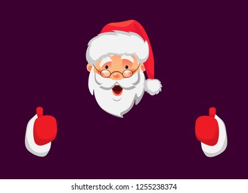 Santa Claus holding border. Christmas blank advertising banner. Face of Santa Claus in red hat vector illustration