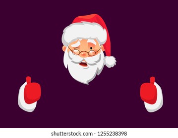 Santa Claus holding border. Christmas blank advertising banner. Face of Santa Claus in red hat vector illustration