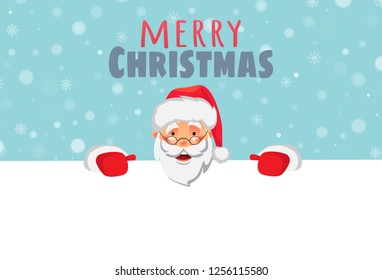 Santa Claus holding border. Christmas blank advertising banner. Merry christmas text. Face of Santa Claus in red hat vector illustration